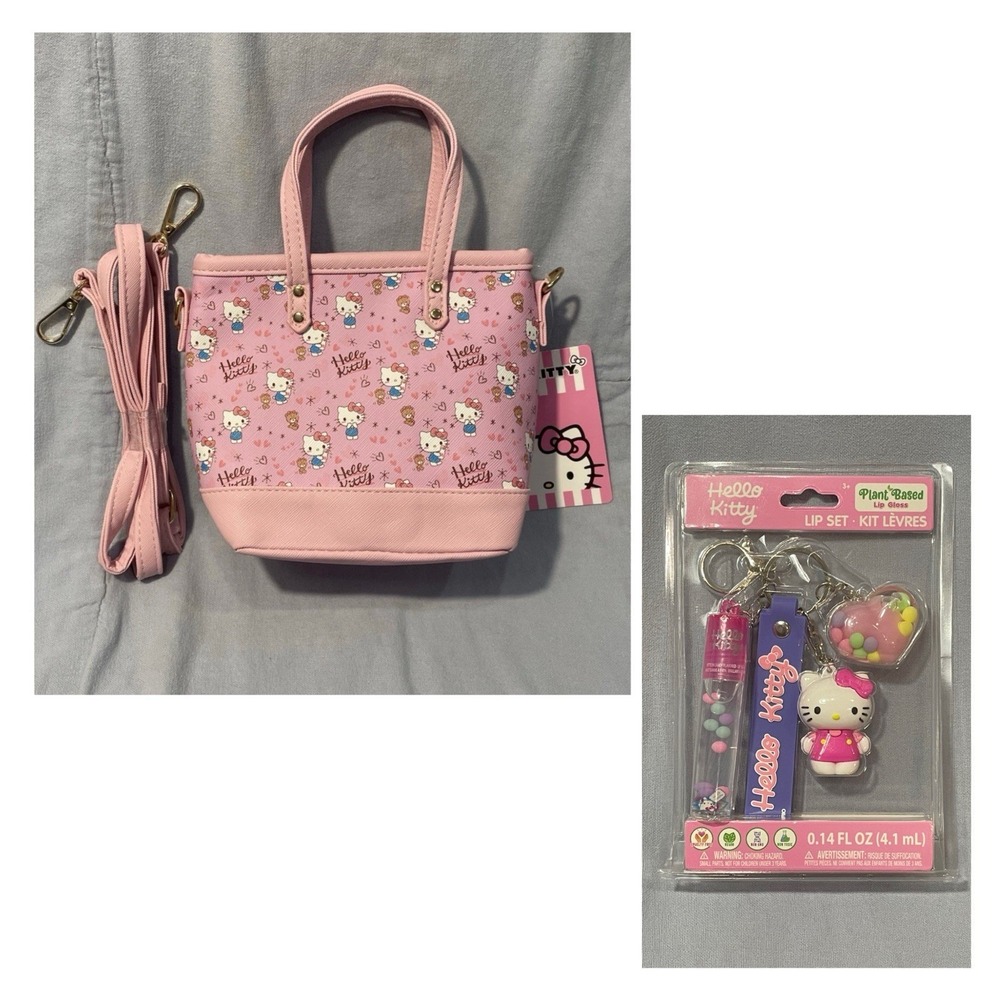 NEW‎ Sanrio Hello Kitty & Bear Pink Mini Tote Crossbody & Lip Set Charm Keychain